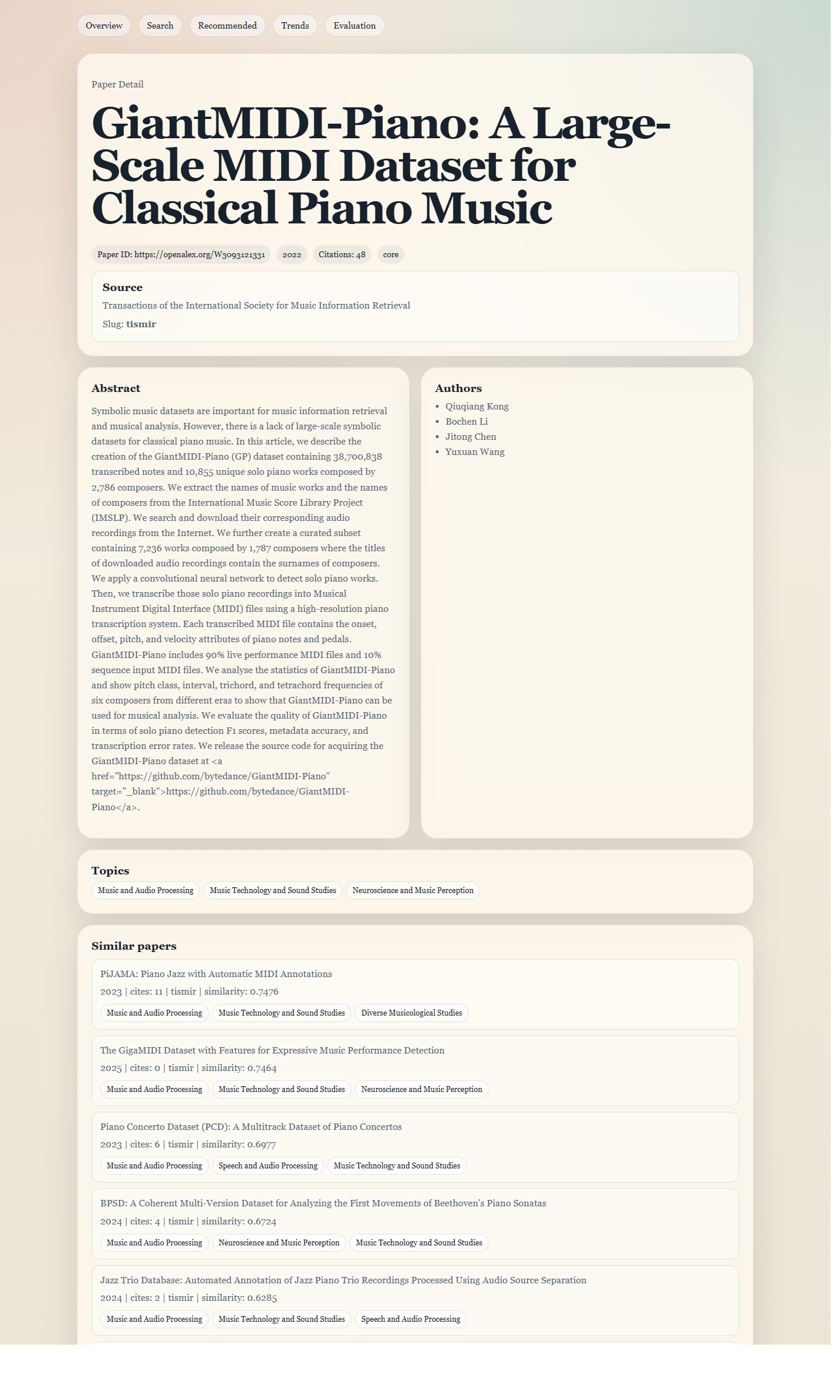 Research Radar paper detail page for GiantMIDI Piano showing metadata and similar papers