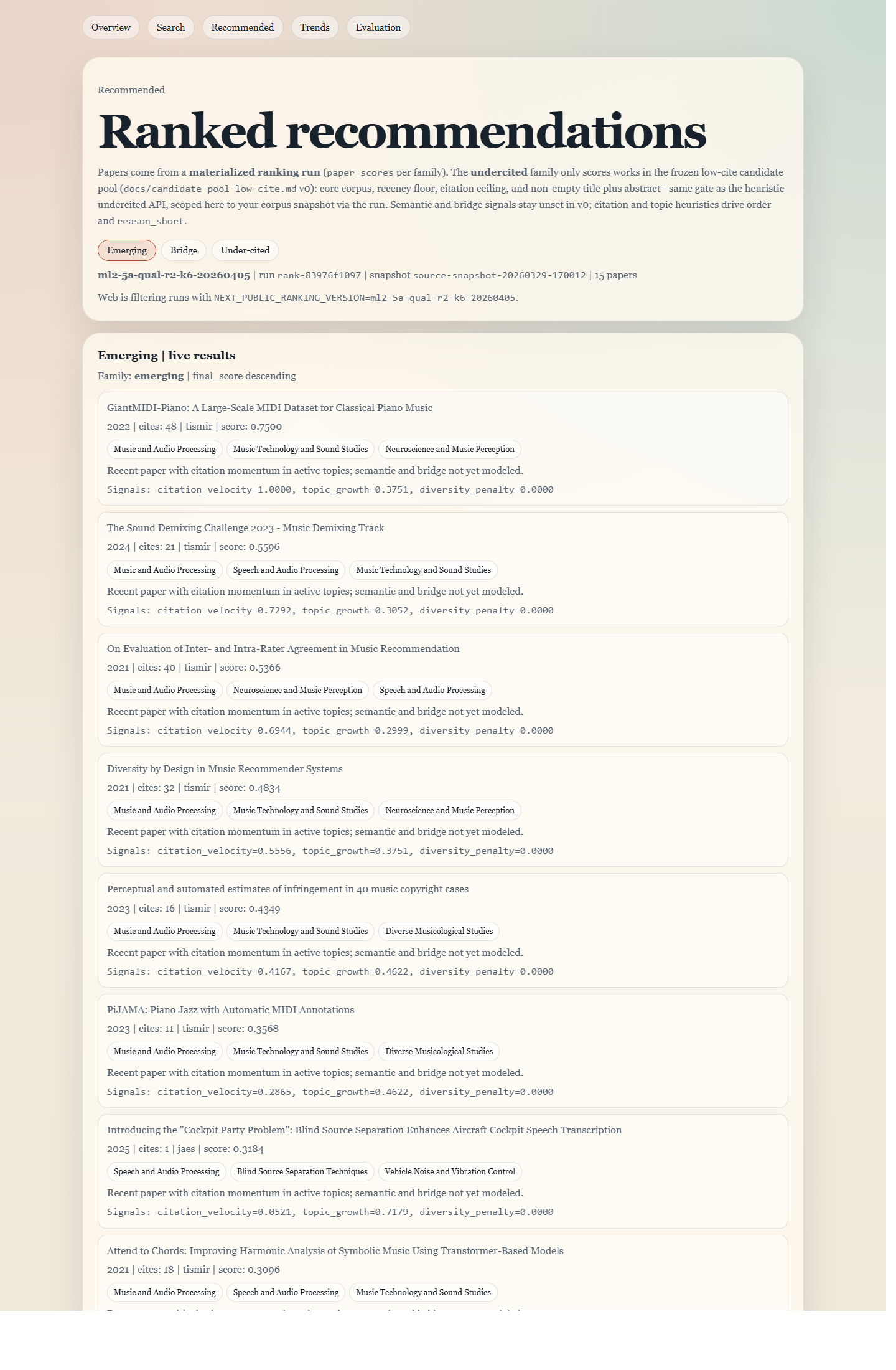 Research Radar recommended emerging page showing ranked paper cards with visible signal breakdowns